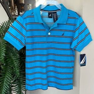 Brand New Nautica Polo Short Sleeve Striped Golf Shirt Neon Aqua Blue